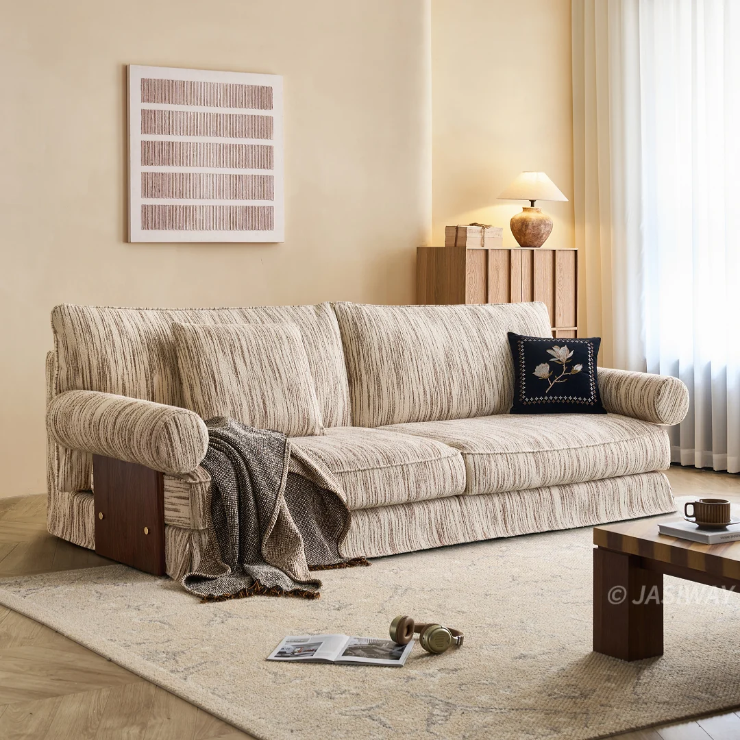 JASIWAY texturizado lino mezcla sofá– Minimalista Crema Blanco Tapizado sofá con Madera maciza detalle| cómodo Sala asiento