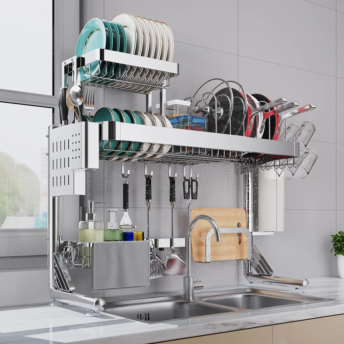Cocina Almacenamiento esencial: grande sobre fregadero Escurridor de platos & multiusos función organizador repisa- eficiente espacio ahorrador, Quick secado solución para tus utensilios & tazones