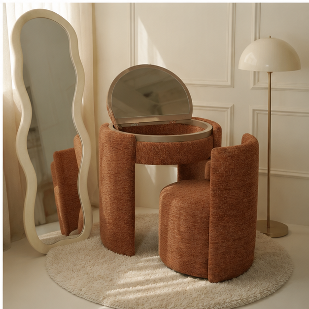 LunaNest™ | Tocador compacto tapizado con espejo y silla