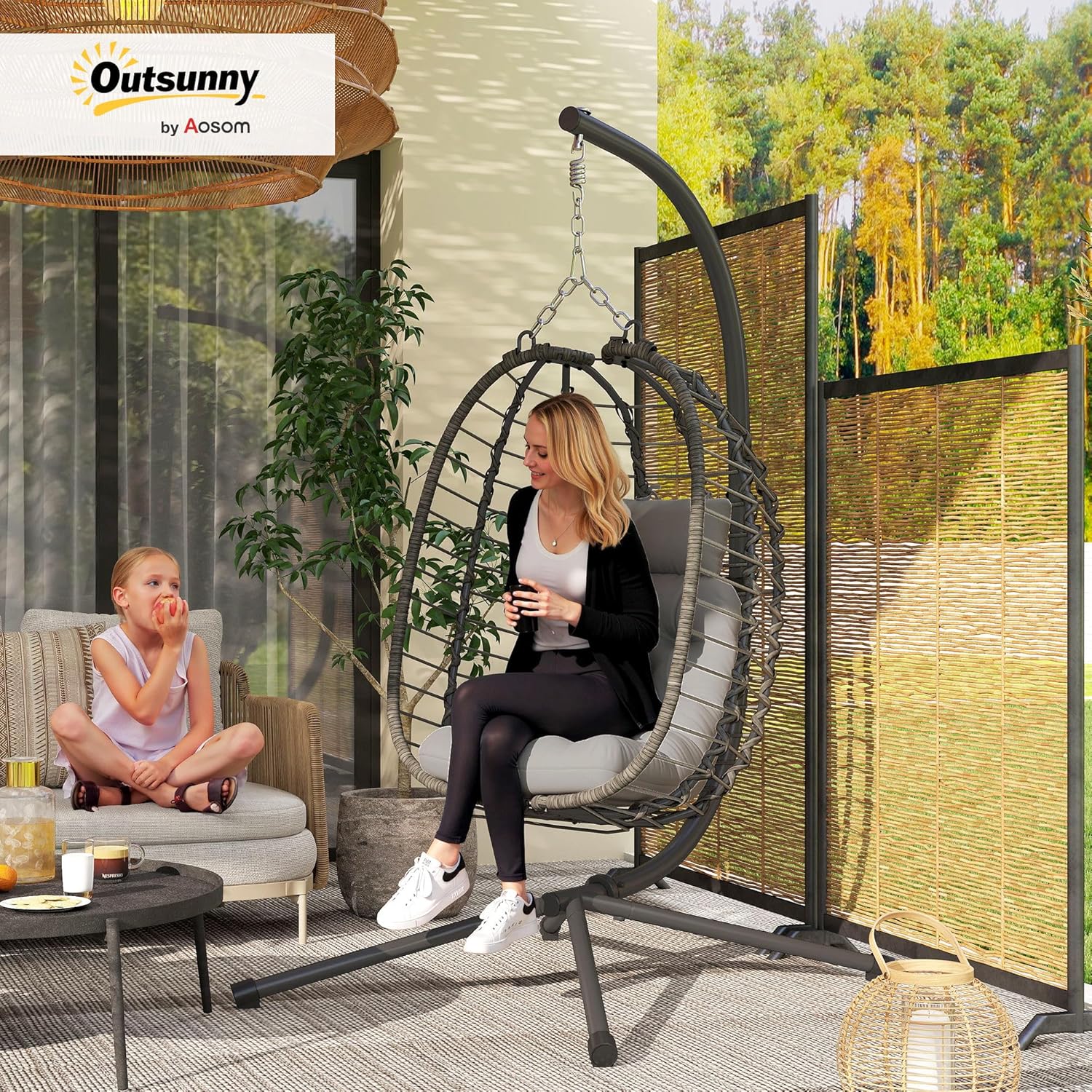 Outsunny Składany wiszący fotel z żywicy ze stojakiem, wiszący fotel na jajko, huśtawka hamakowa, poduszka i poduszka, regulowana wysokość, stalowa rama, wewnątrz i na zewnątrz, szary