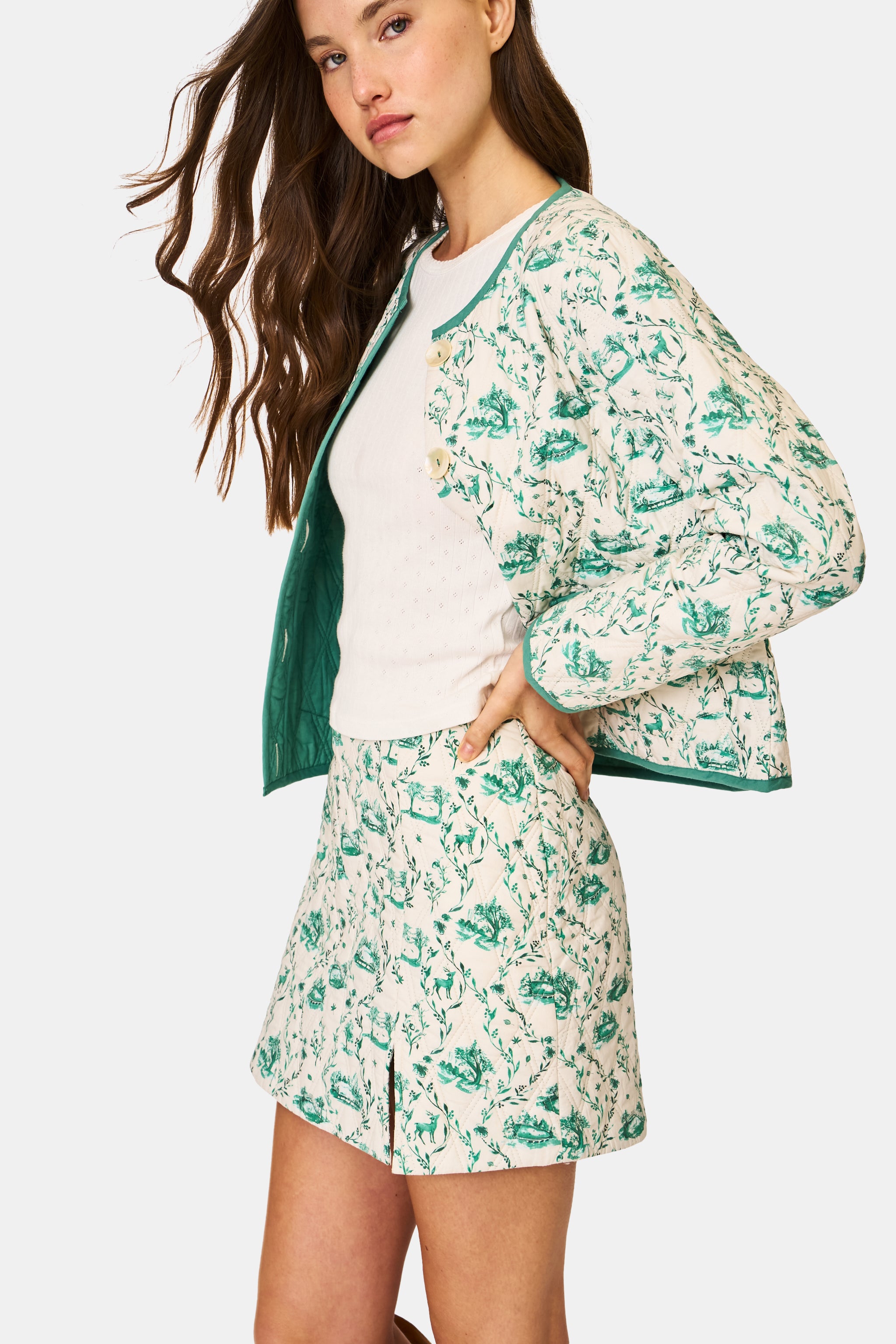 Woodland Toile Quilted Azure Mini Skirt