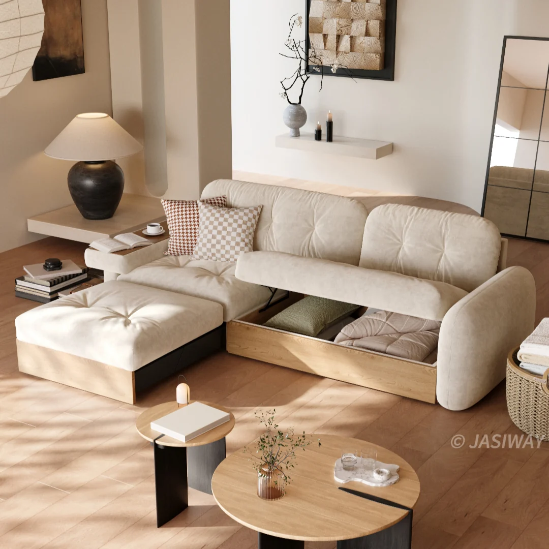 NÓVORA CASA Almacenamiento seccional sofá con Mesa auxiliar reposabrazos| L con forma sofá con elevable superior Almacenamiento, cajón o diván opciones, Moderno madera estructura Sala sofá