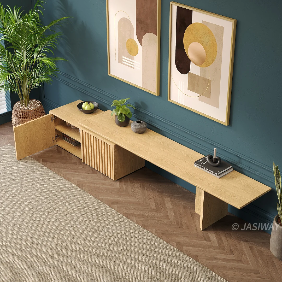 NÓVORA CASA Extensible mediados siglo Moderno Mueble para TV con acanalado puertas & Ajustable repisas| expandible madera multimedia consola para Sala