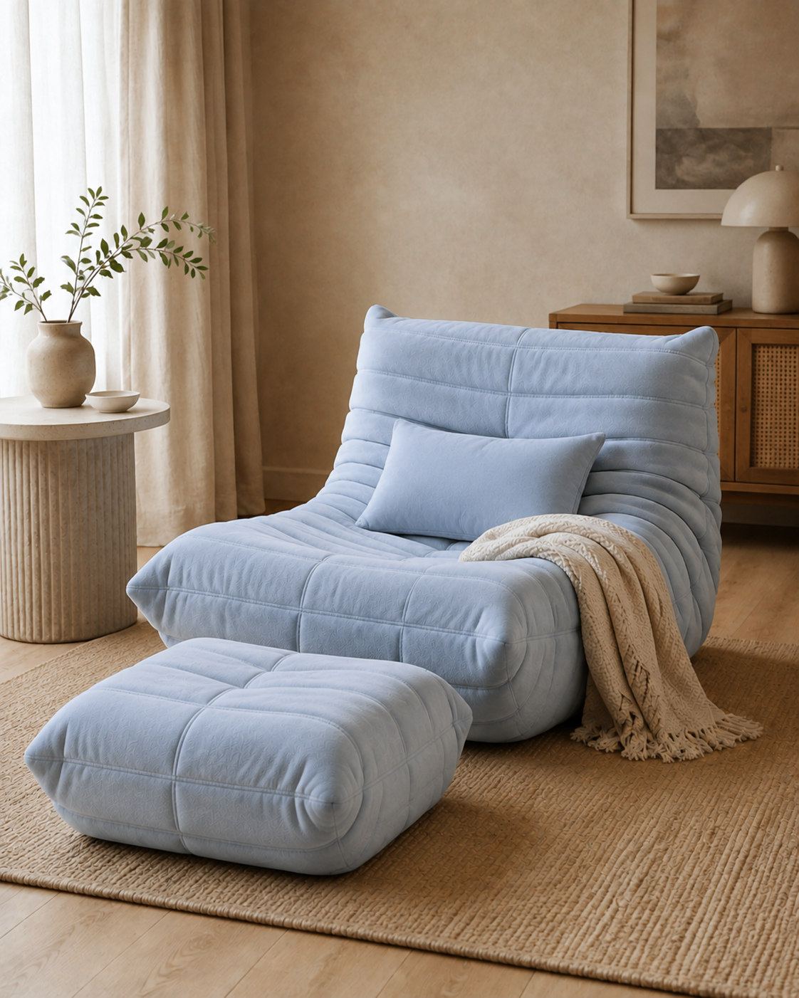 Más vendido | Sillón + reposapiés + cojín + manta — Azul niebla