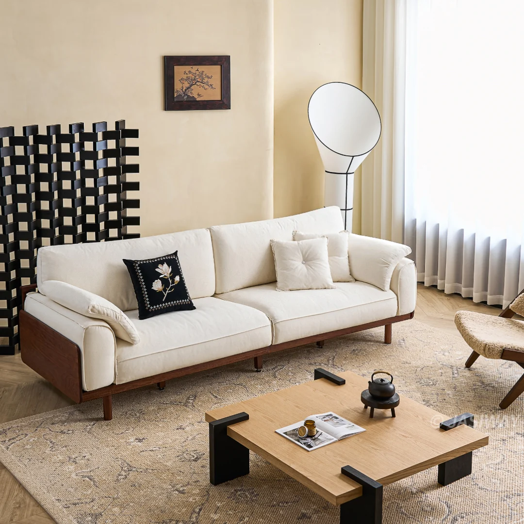 NÓVORA CASA Japandi 3-plazas sofá con Madera maciza estructura| Tapizado tela sofá para Sala