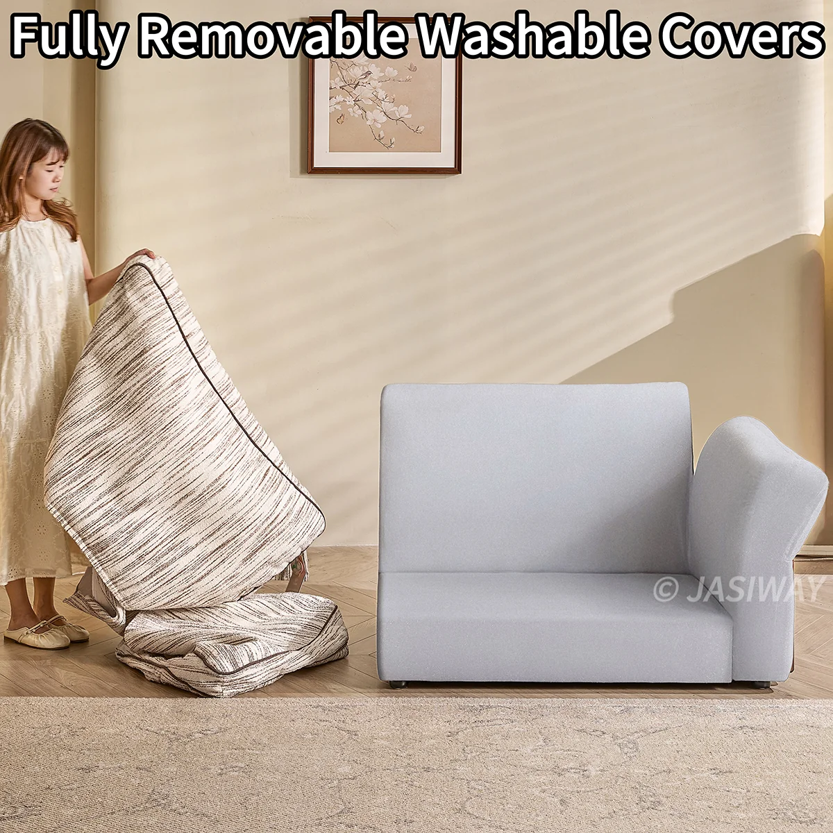 NÓVORA CASA Japandi Crema tela sofá con completamente Desmontable & lavable fundas