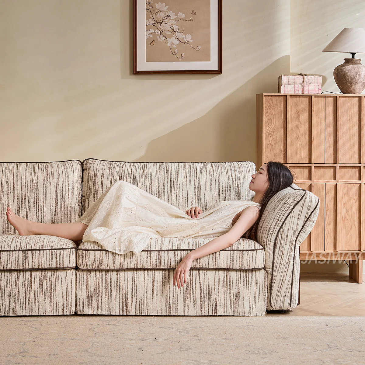 NÓVORA CASA Japandi Crema tela sofá con completamente Desmontable & lavable fundas