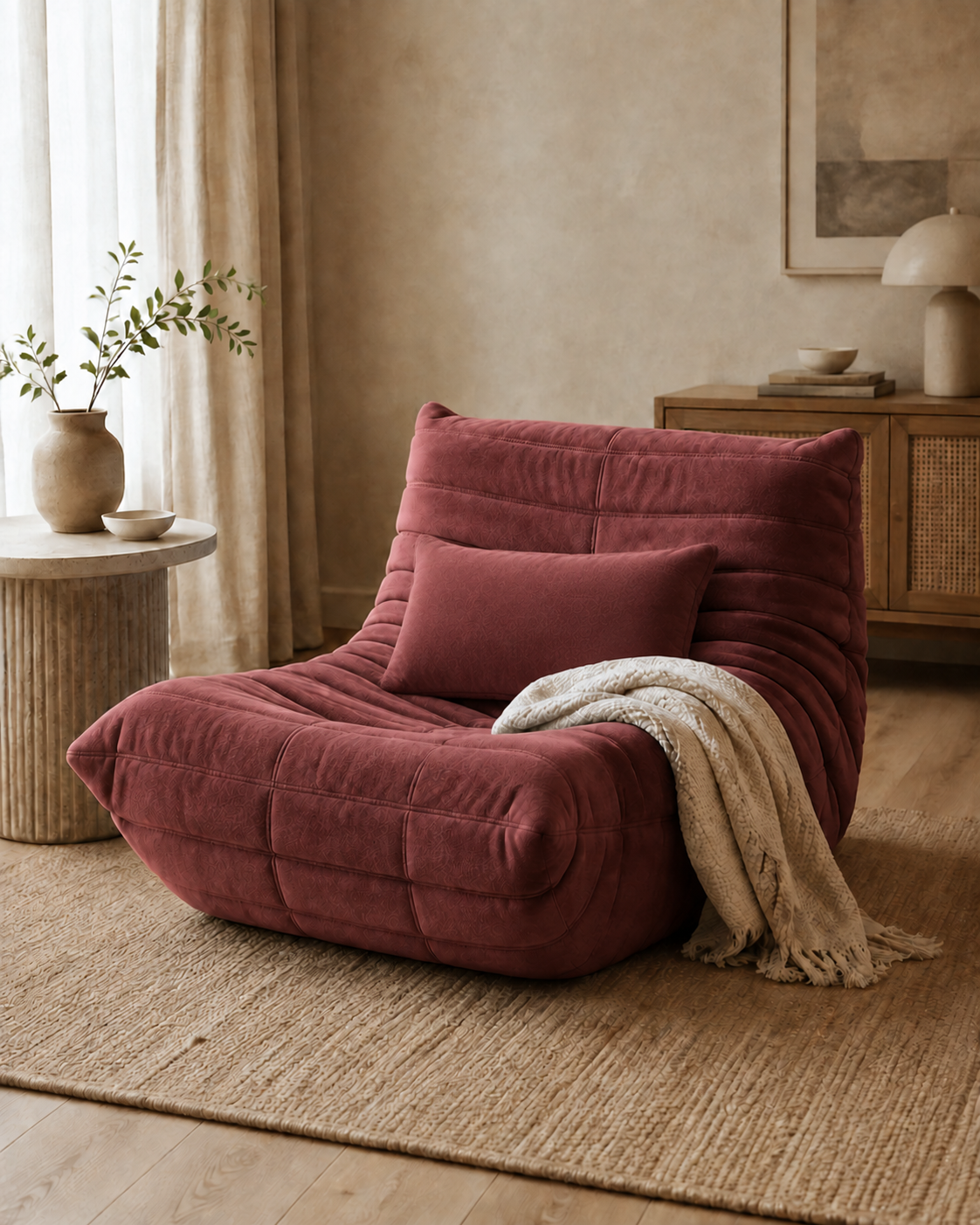 Relax | Sillón + cojín + manta — Rojo vino