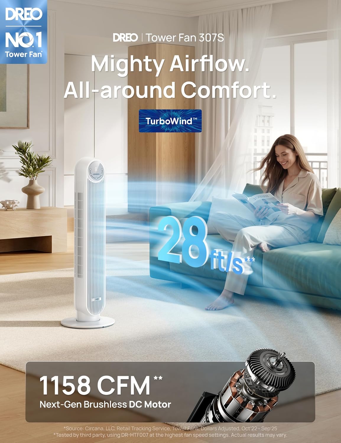 DREO Ventilateur tour intelligent avec fonction WiFi, ventilateur silencieux avec contrôle vocal et télécommande, oscillation à 90°