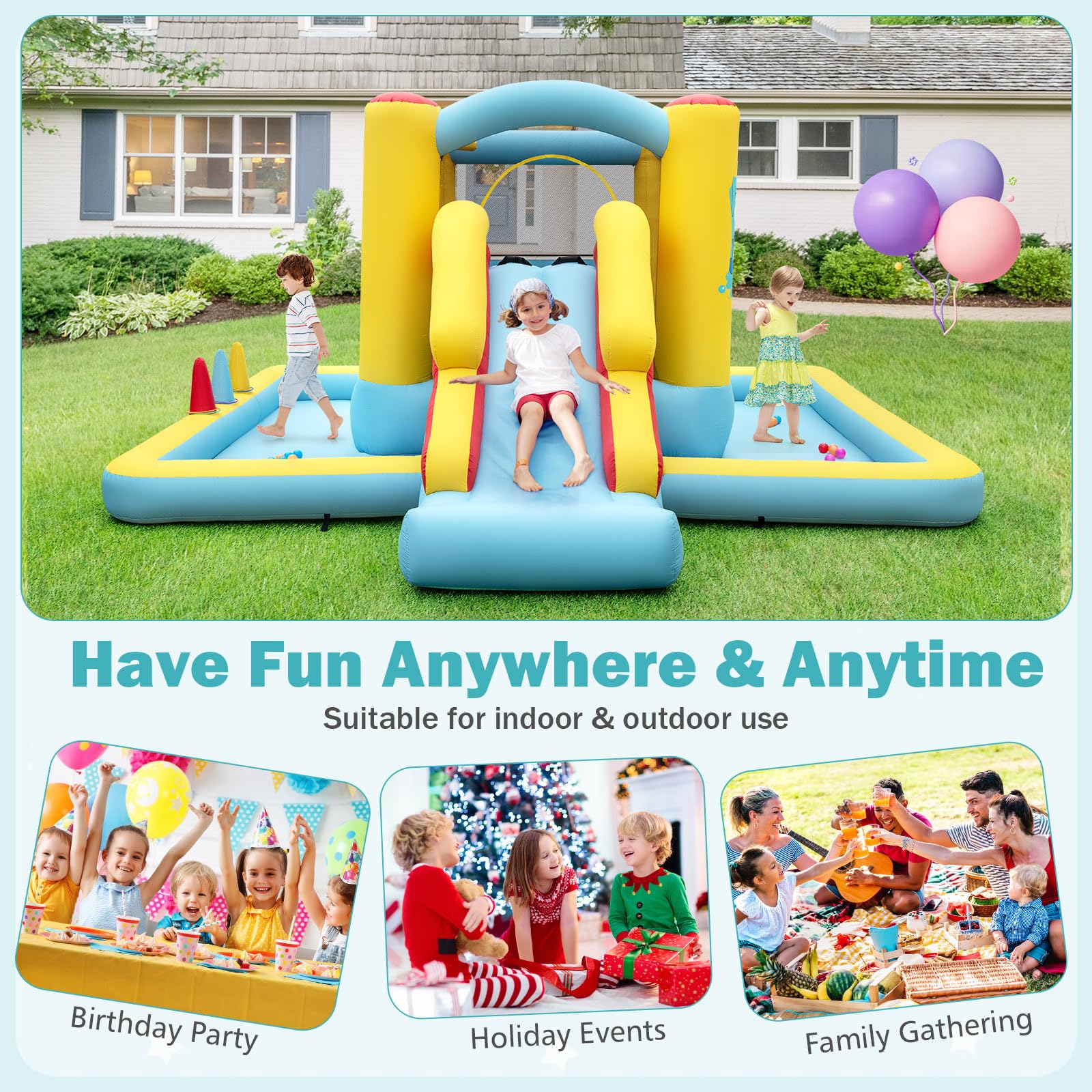 BOUNTECH Inflatable Bounce House with Ball Pit, Long Slide & Tunnel Bouncy House for Kids