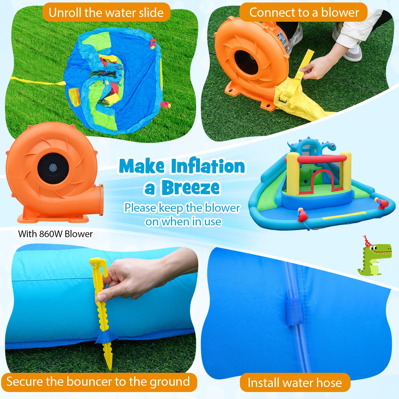 BOUNTECH Dinosaur Styling Inflatable Water Slide Double Slides Park with Bounce House