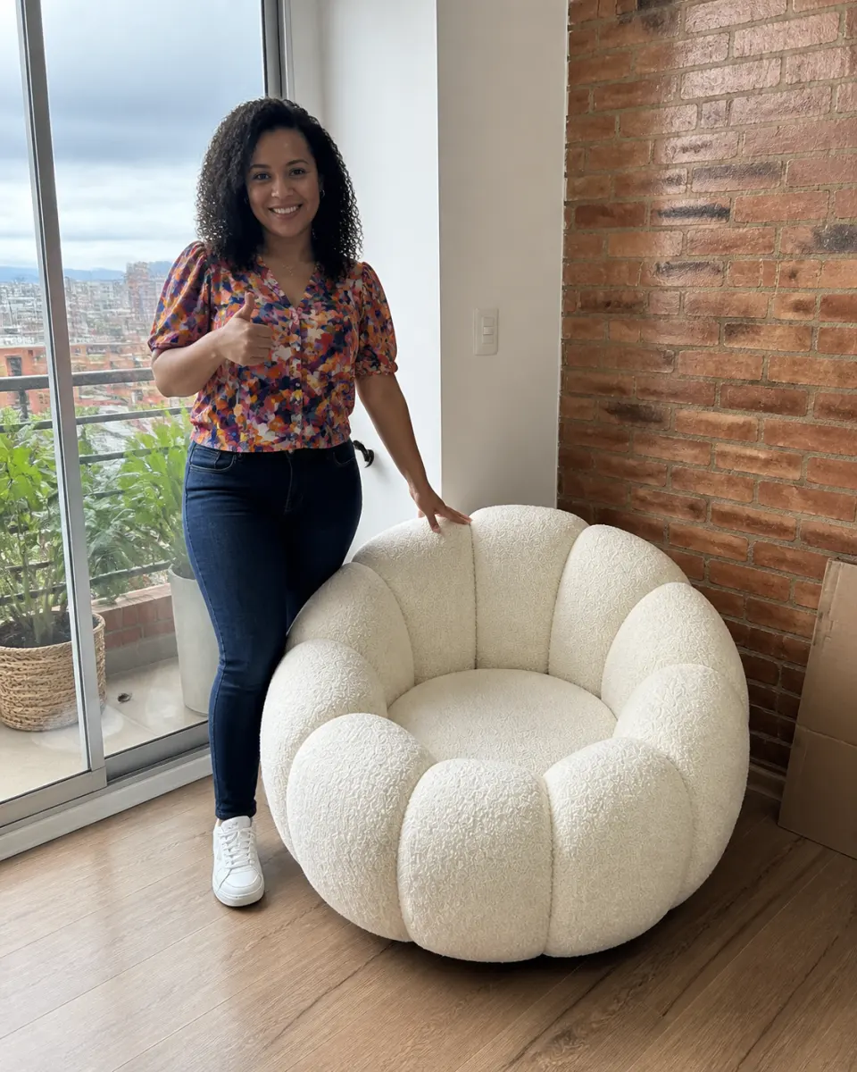 Mujer junto al sillón individual en un hogar colombiano