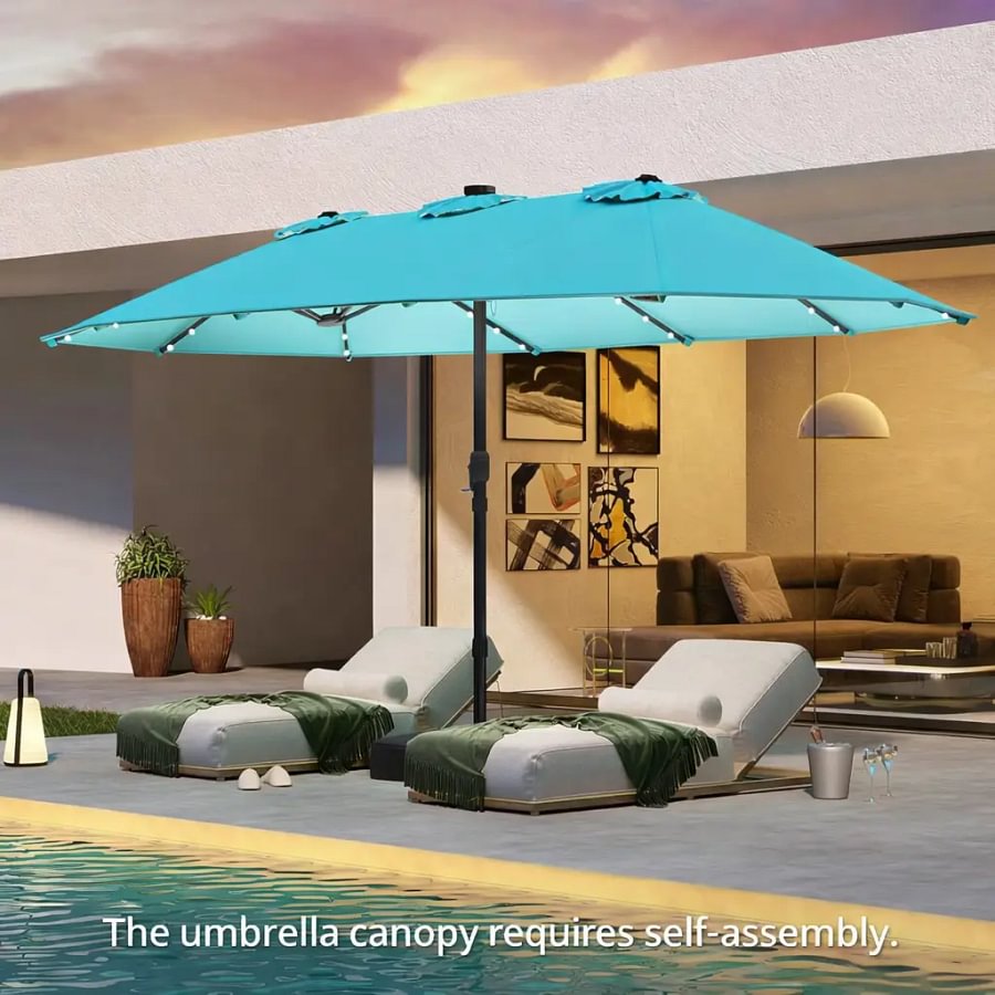 Sombrilla solar de 4,5/4 m con base, sombrilla doble extragrande para exteriores con 36 luces LED y manivela, perfecta para jardines, patios, piscinas y cobertizos exteriores.