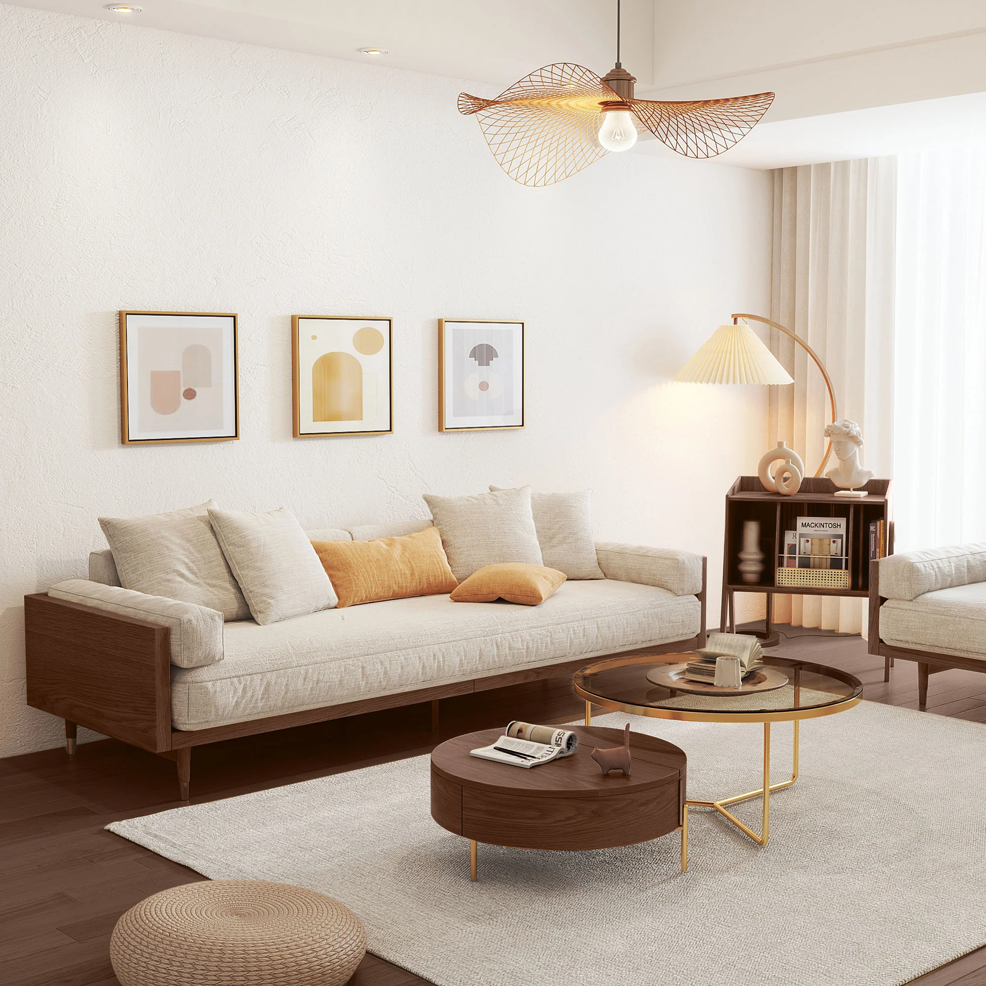NÓVORA CASA Beige 3-asiento Tapizado lino tela sofá con Madera maciza estructura para Sala