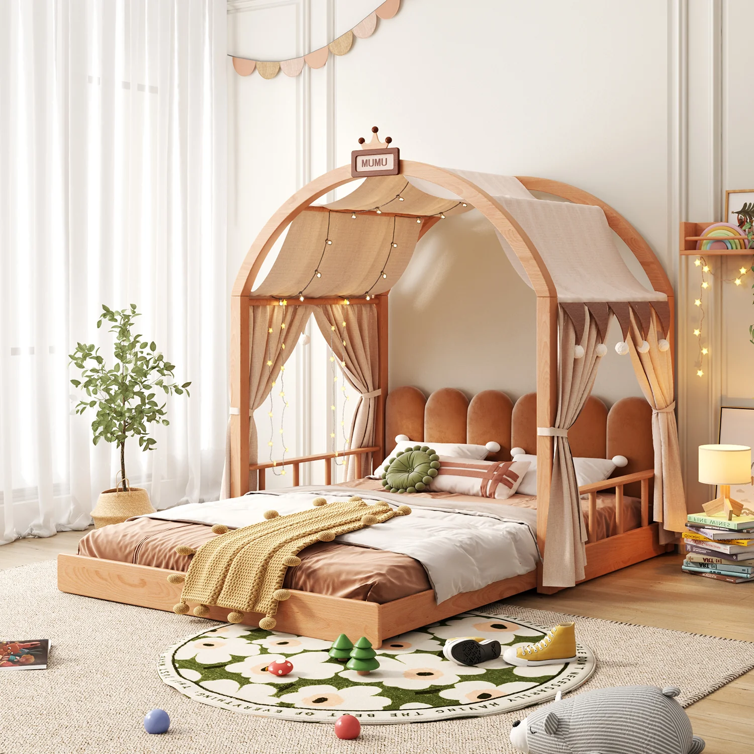 JASIWAY Extensible Madera maciza infantil castillo cama con dosel– tienda estilo niño pequeño a individual cama con Tapizado cabecera