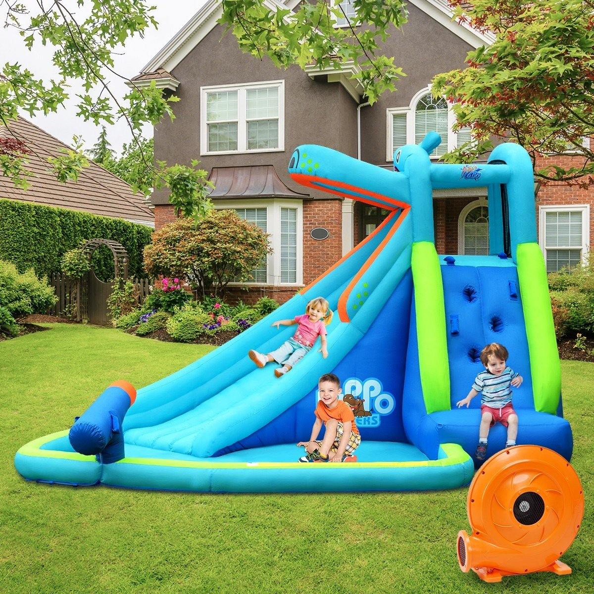 BOUNTECH Inflatable Water Slide, Hippo Themed Kids Waterslide Park for Outdoor w/Long Slide
