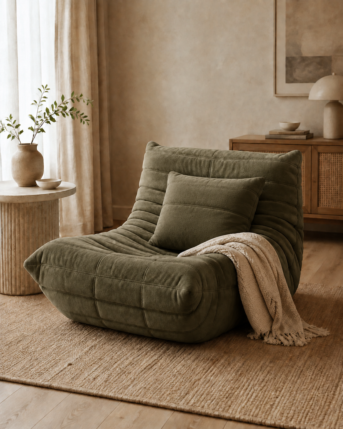 Relax | Sillón + cojín + manta — Verde oliva
