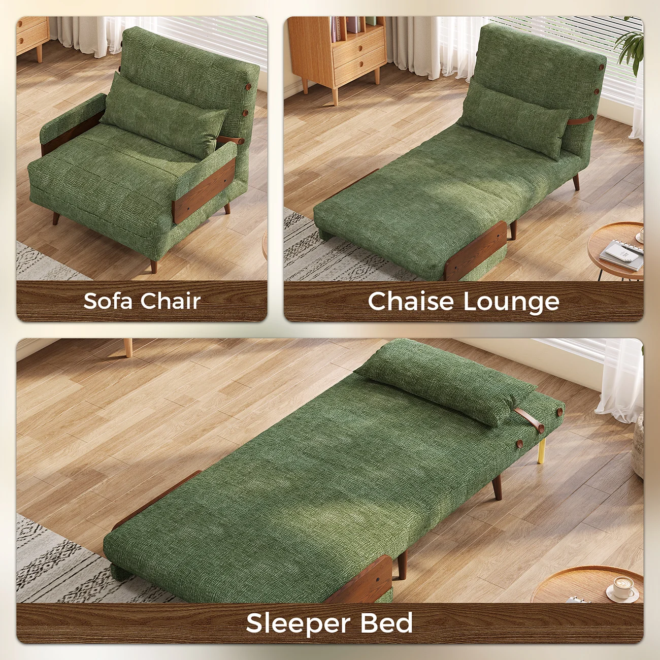 NÓVORA CASA mediados siglo Moderno Verde Sofá cama transformable para pequeño espacios| individual cama sofá con madera brazos