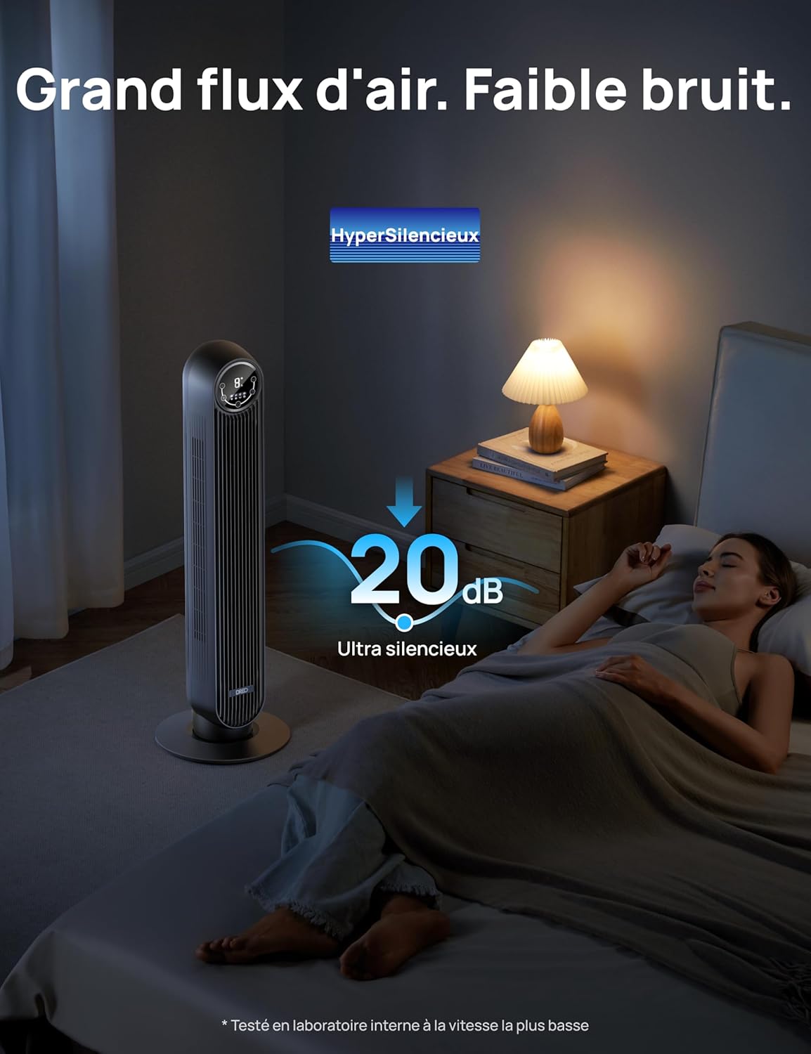DREO Ventilateur tour intelligent avec fonction WiFi, ventilateur silencieux avec contrôle vocal et télécommande, oscillation à 90°