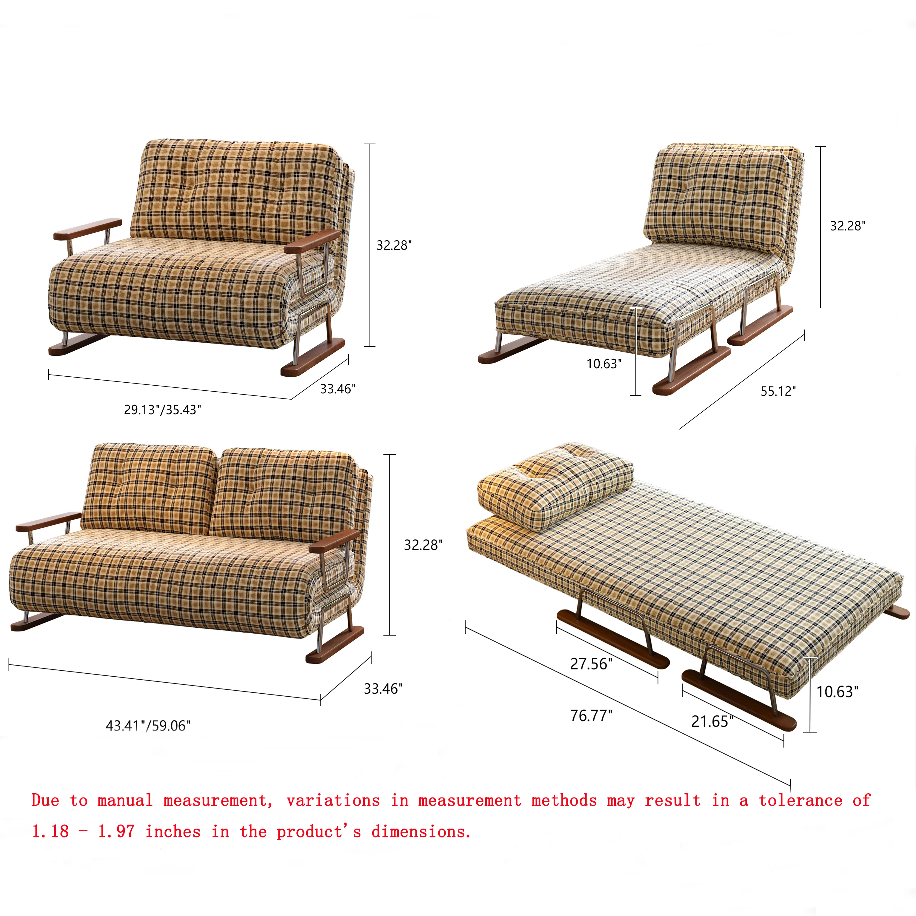 NÓVORA CASA a cuadros Sofá cama– 4-en-1 transformable plegable sillón cama para pequeño espacios