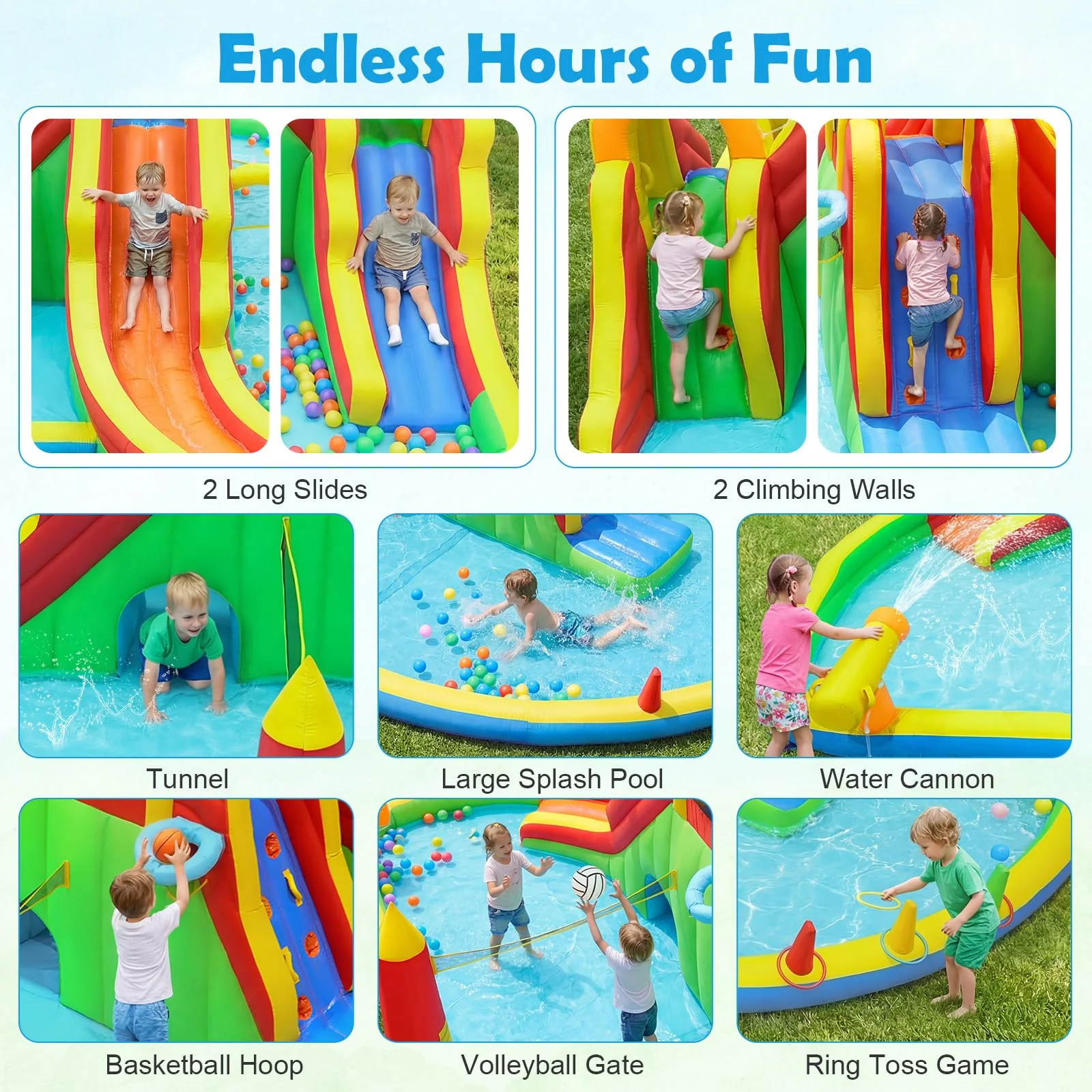 BOUNTECH Inflatable Water Slide Park | 12 in 1 Kids Mega Water Bounce House with Large Deep Pool