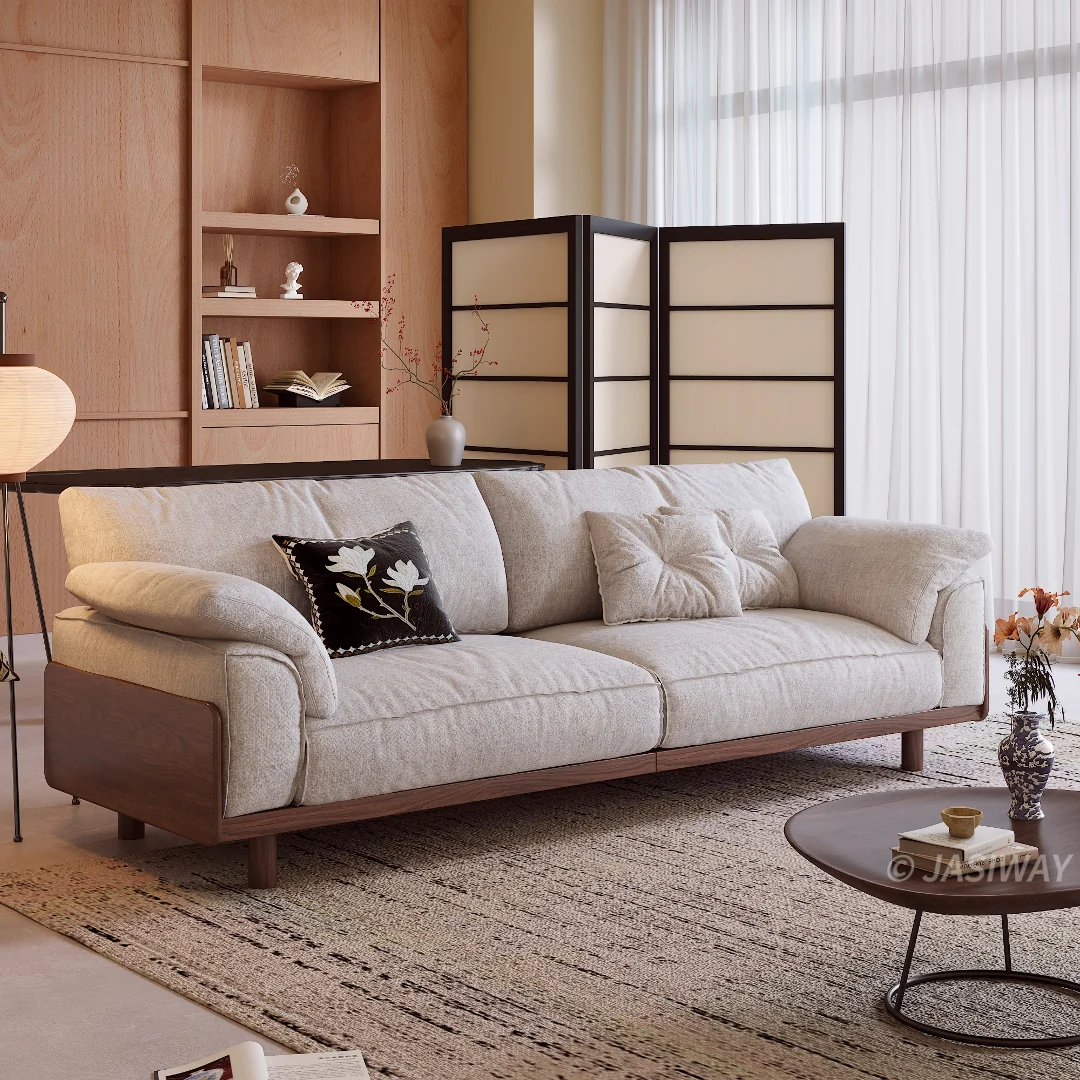 NÓVORA CASA Japandi 3-plazas sofá con Madera maciza estructura| Tapizado tela sofá para Sala