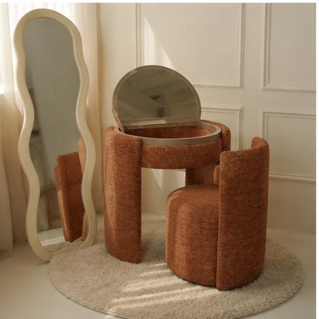 LunaNest™ | Tocador compacto tapizado con espejo y silla