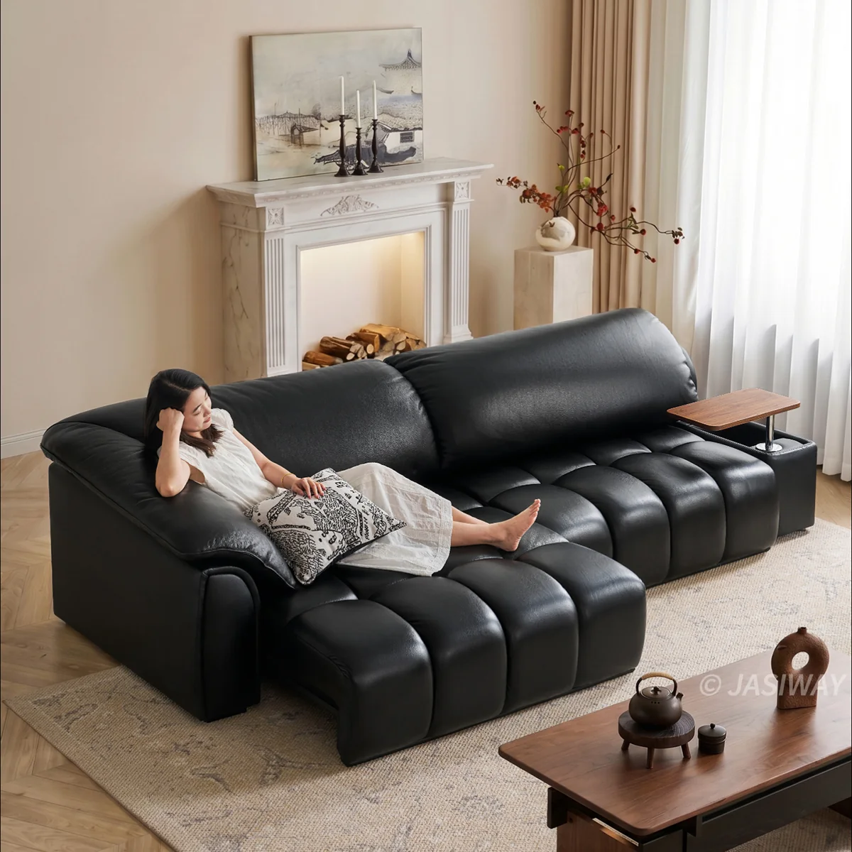 JASIWAY Piel de grano superior eléctrico Reclinable seccional sofá con profundo asientos & transformable cama función| Moderno L con forma descanso sofá con Almacenamiento reposabrazos & USB carga