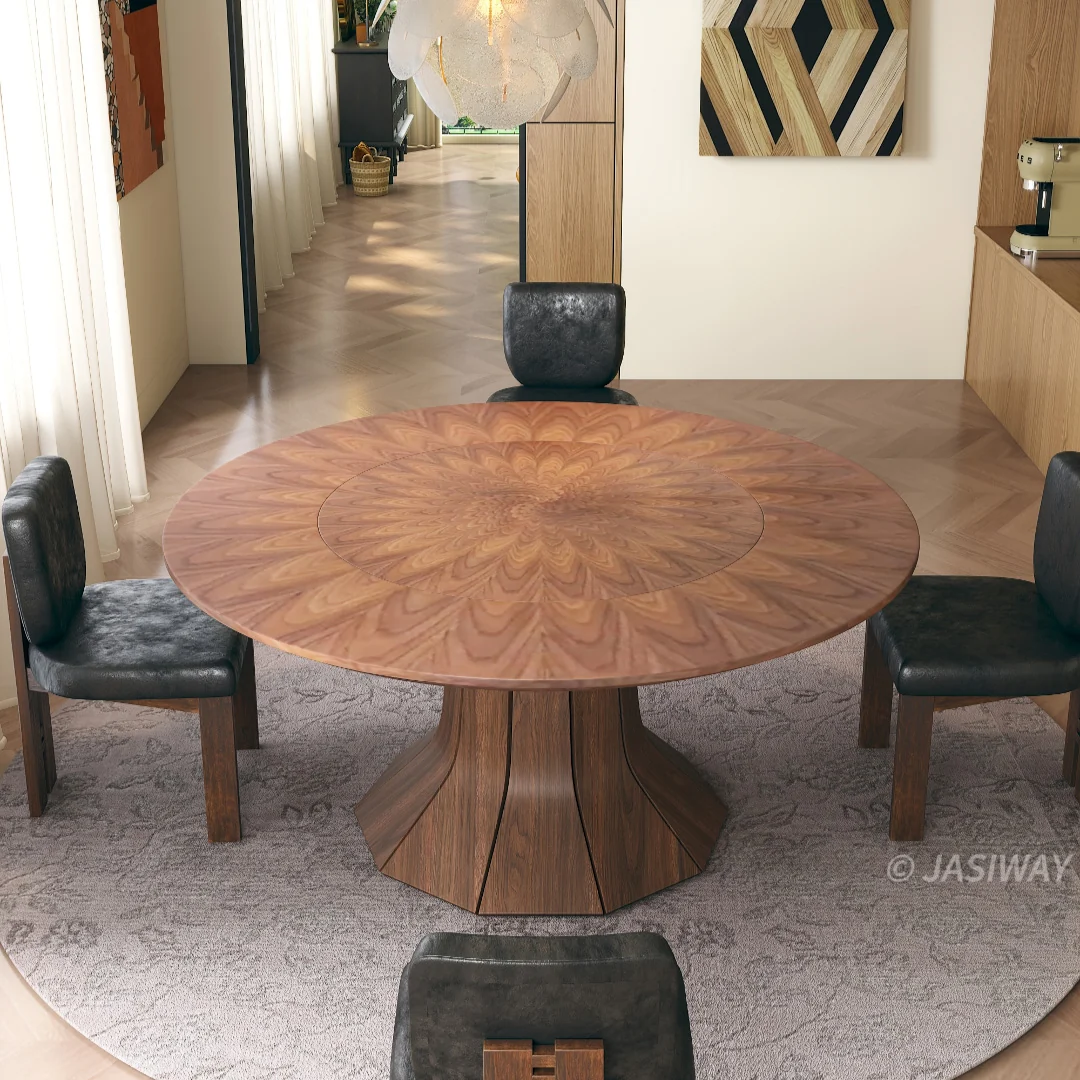RINGCHEN Redondo Mesa de comedor con radial Nogal chapa superior & escultórico pedestal soporte para 6-8