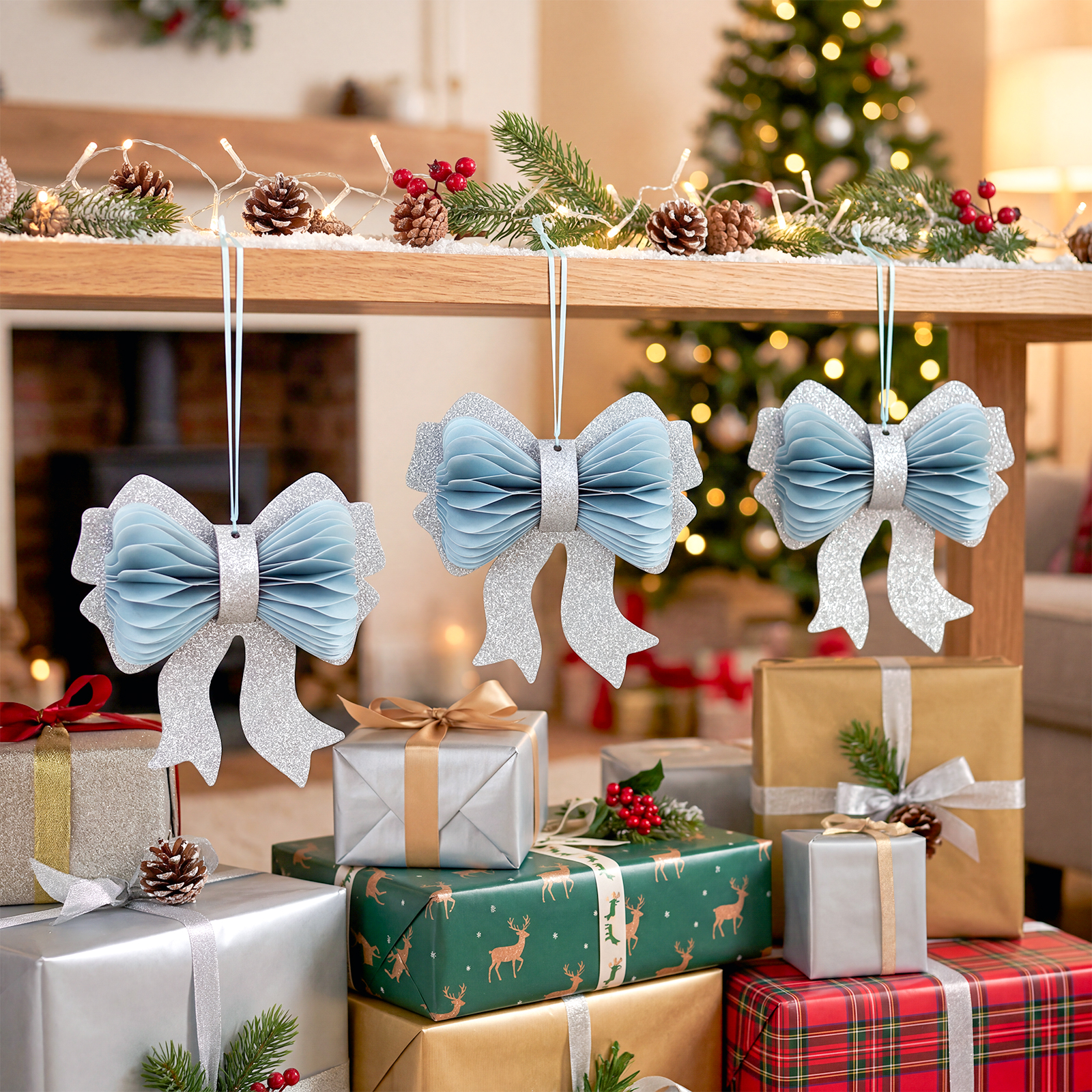 3D Paper Bow Honeycomb Christmas Hanging Ornament