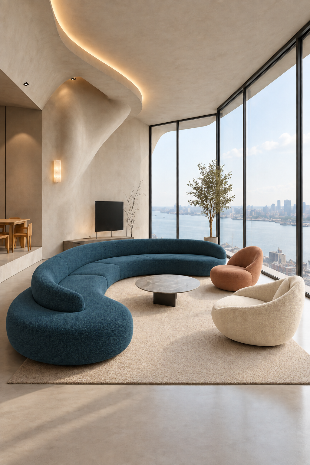 CurvaCasa · 1 sofá curvo + 2 sillones + 1 mesa de centro · Azul petróleo · visualización IA