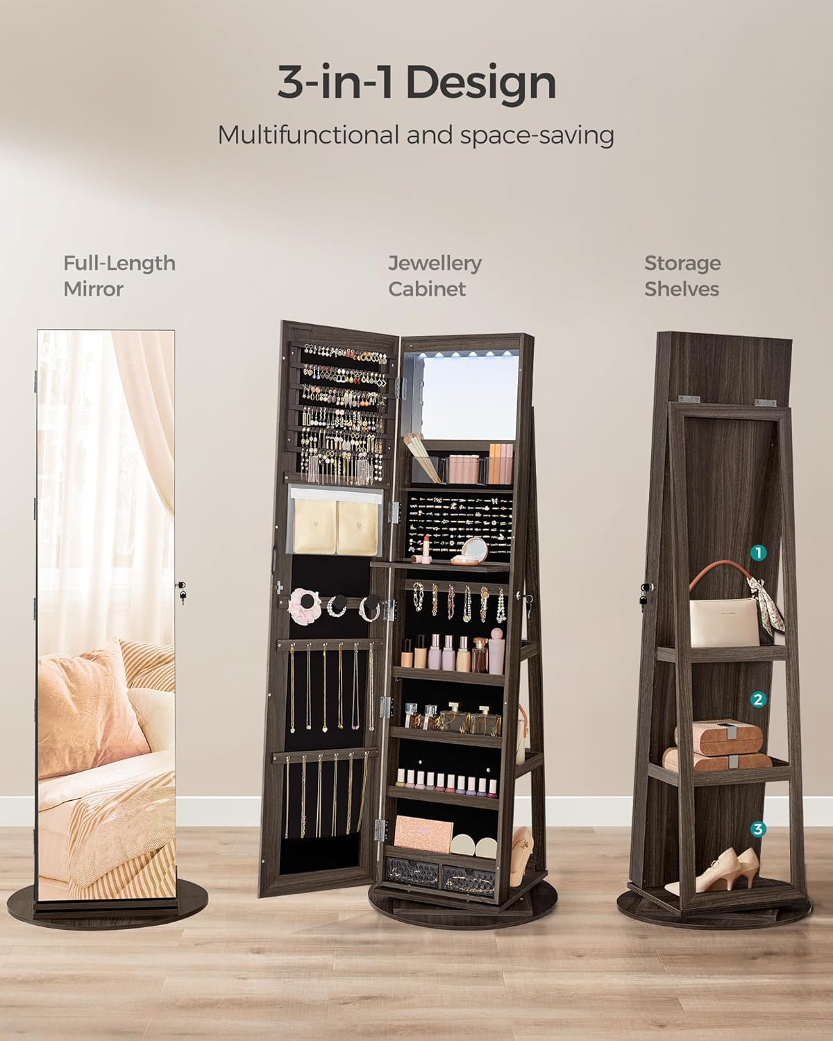 SONGMICS 6 LEDs Mirror Jewellery Cabinet, 360° Swivel Jewellery Storage Organiser