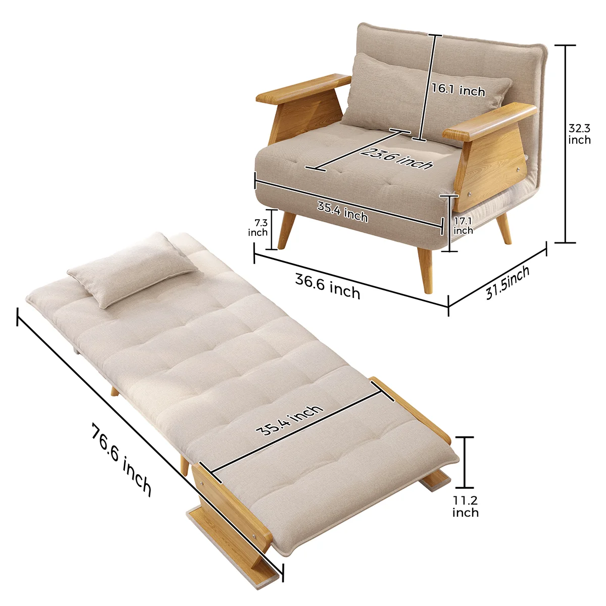 NÓVORA CASA 3-en-1 plegable sofá sillón cama con reposabrazos– 3 tamaños disponible
