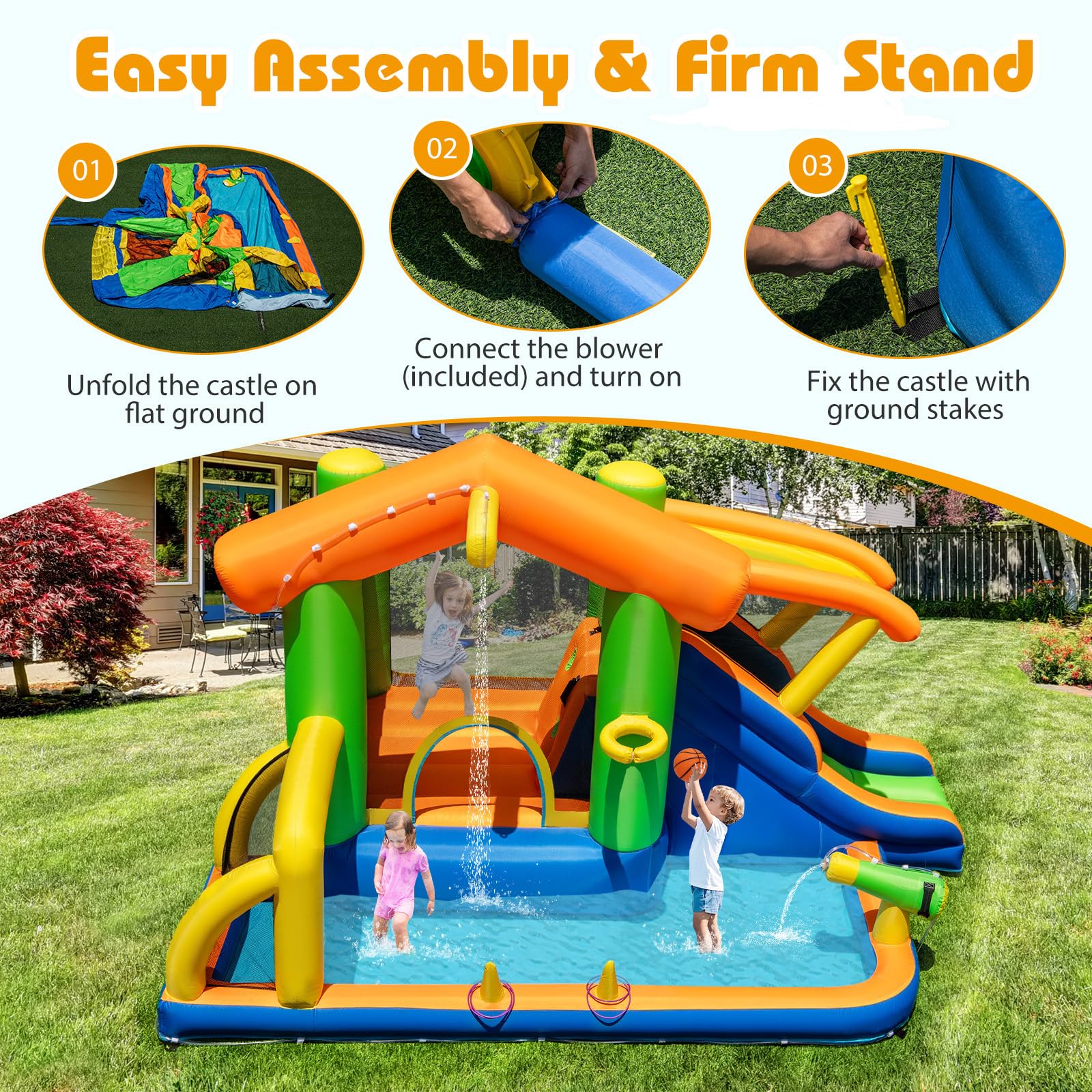 BOUNTECH Inflatable Water Slide 8-in-1 Playhouse Bouncy Castle Water Slide