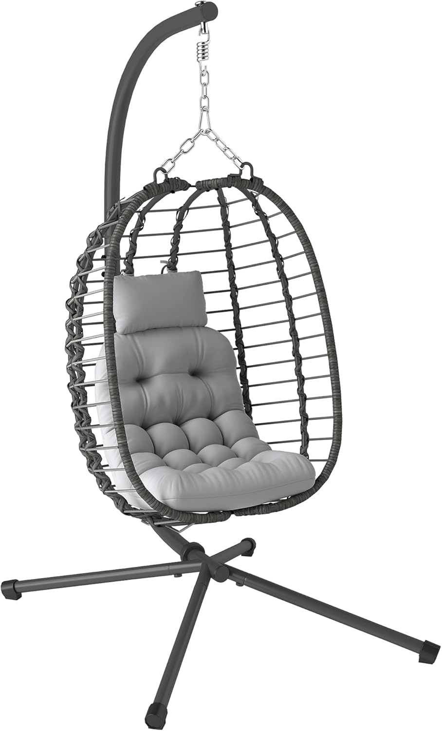 Outsunny Składany wiszący fotel z żywicy ze stojakiem, wiszący fotel na jajko, huśtawka hamakowa, poduszka i poduszka, regulowana wysokość, stalowa rama, wewnątrz i na zewnątrz, szary
