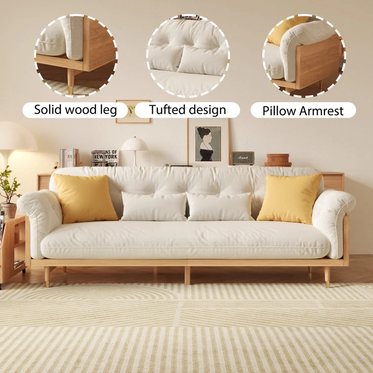 NÓVORA CASA Beige Tapizado sofá en Lino de algodón tela Madera maciza estructura