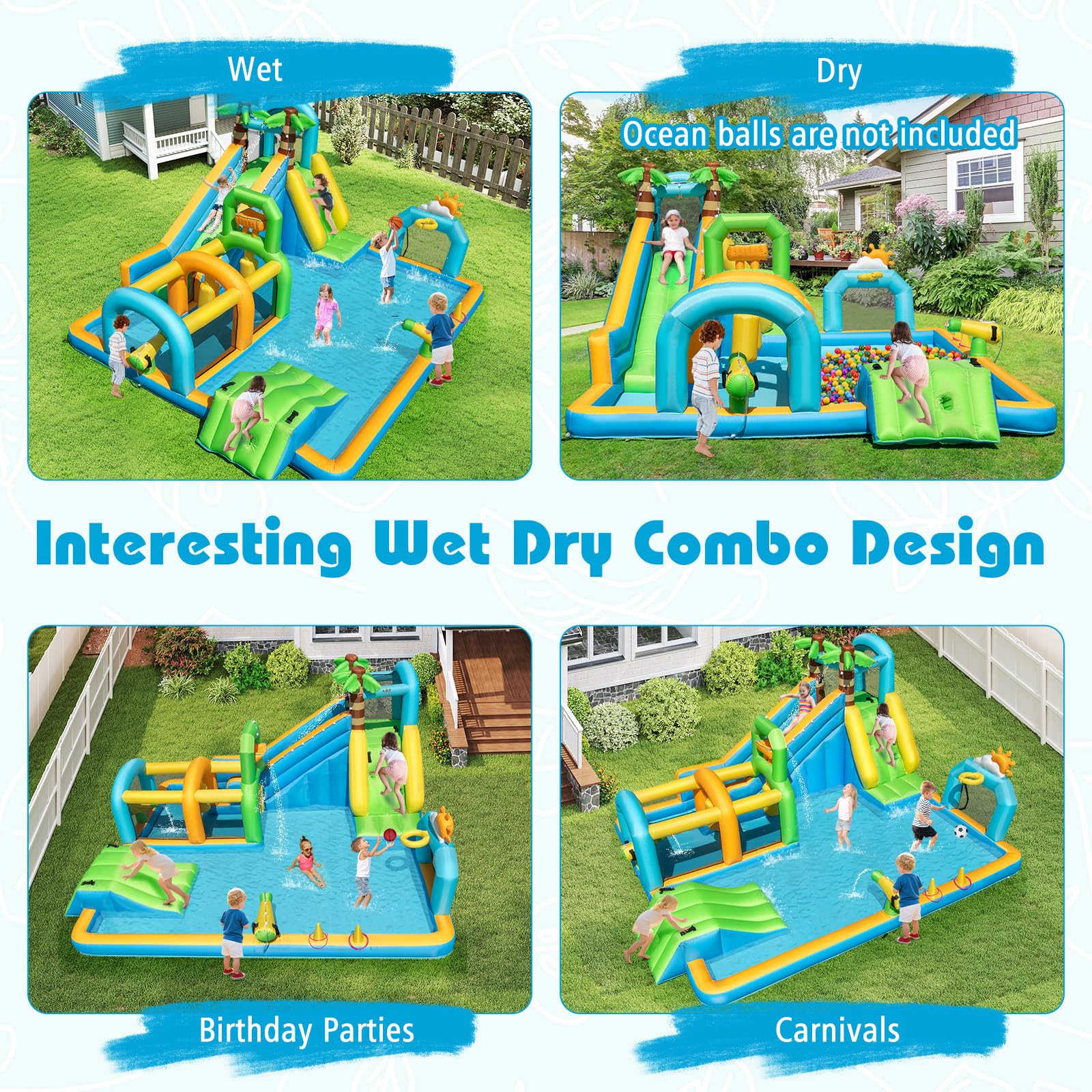 BOUNTECH Inflatable Water Slide Park 9-in-1 Water Slide with Basketball Rim