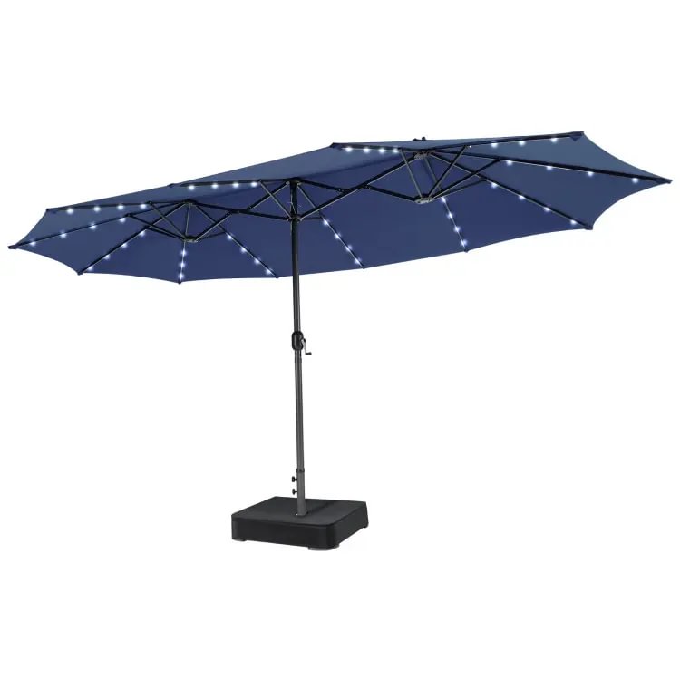 Sombrilla solar de 4,5/4 m con base, sombrilla doble extragrande para exteriores con 36 luces LED y manivela, perfecta para jardines, patios, piscinas y cobertizos exteriores.