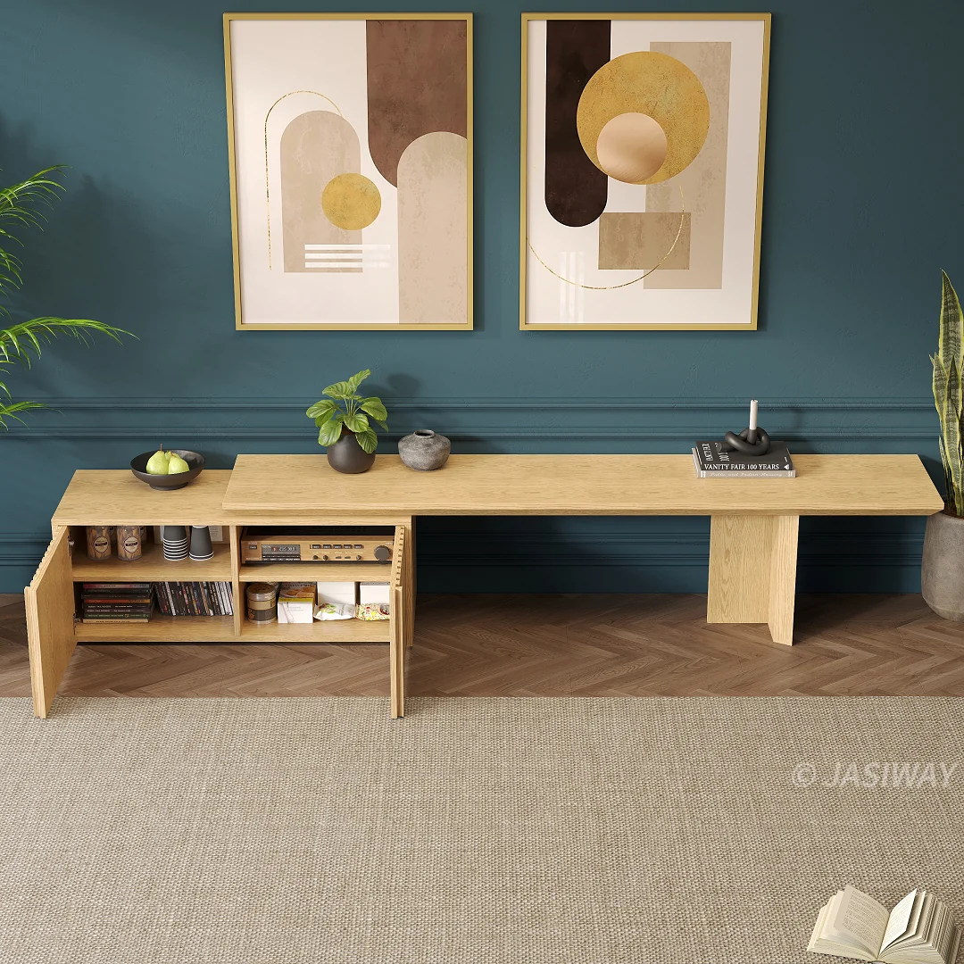 NÓVORA CASA Extensible mediados siglo Moderno Mueble para TV con acanalado puertas & Ajustable repisas| expandible madera multimedia consola para Sala