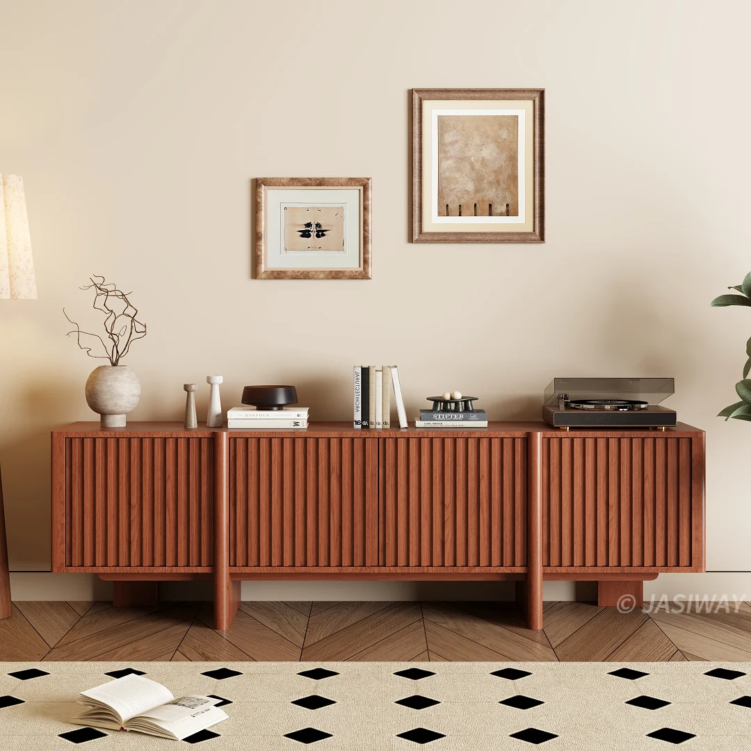 NÓVORA CASA mediados siglo Moderno acanalado Mueble para TV con madera de listones puertas| 79 pulgadas multimedia consola gabinete para TVs superior a 85 pulgadas