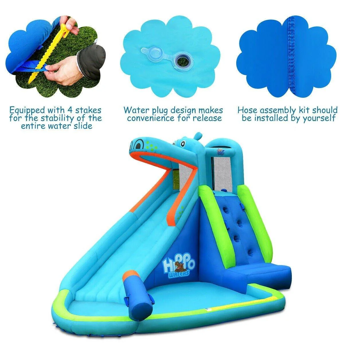BOUNTECH Inflatable Water Slide, Hippo Themed Kids Waterslide Park for Outdoor w/Long Slide