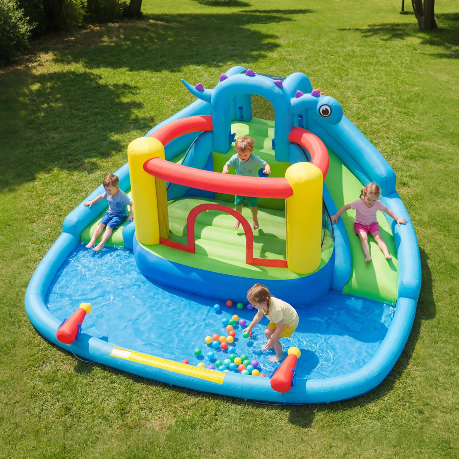 BOUNTECH Dinosaur Styling Inflatable Water Slide Double Slides Park with Bounce House