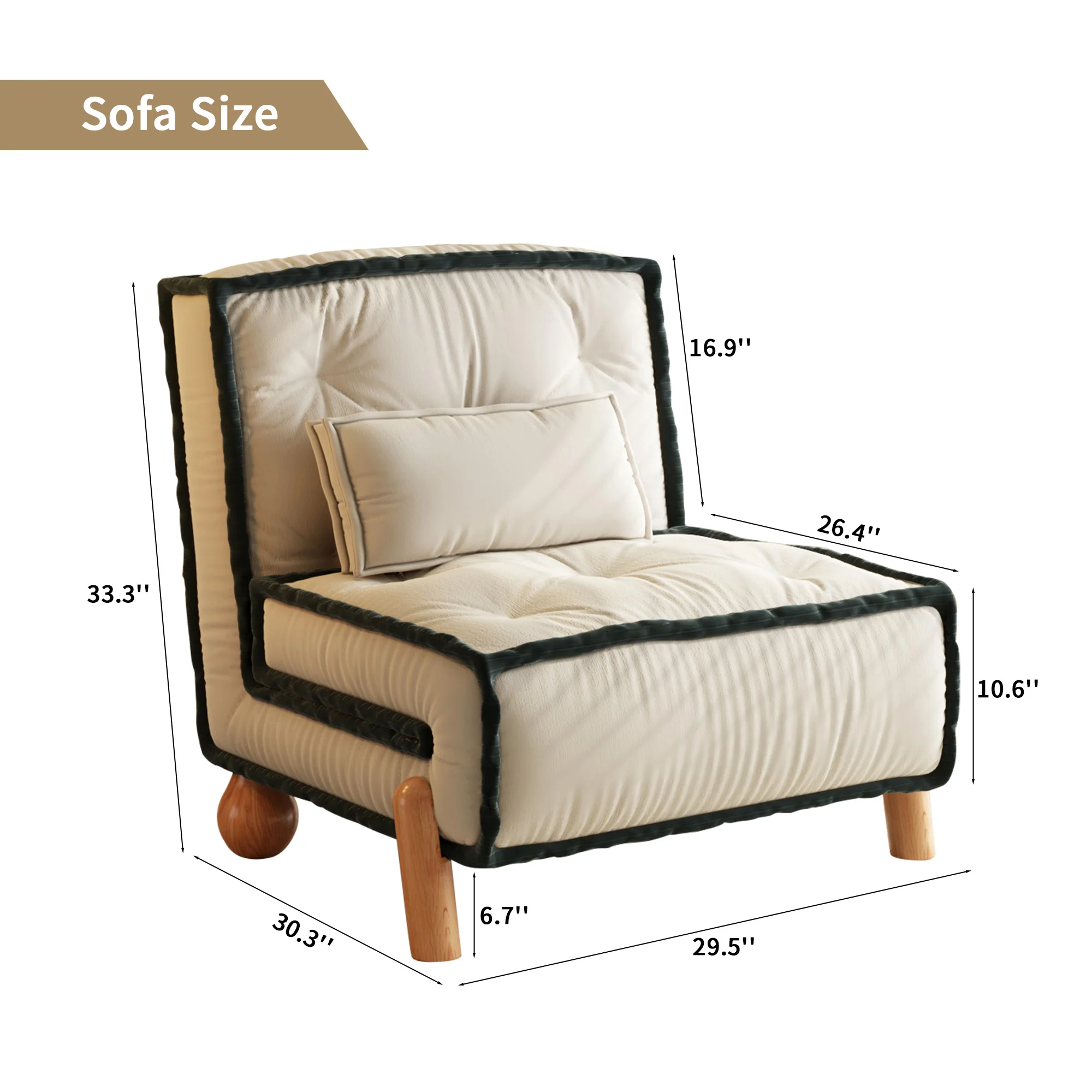 NÓVORA CASA transformable sin brazos Sofá cama individual sillón con Madera maciza patas