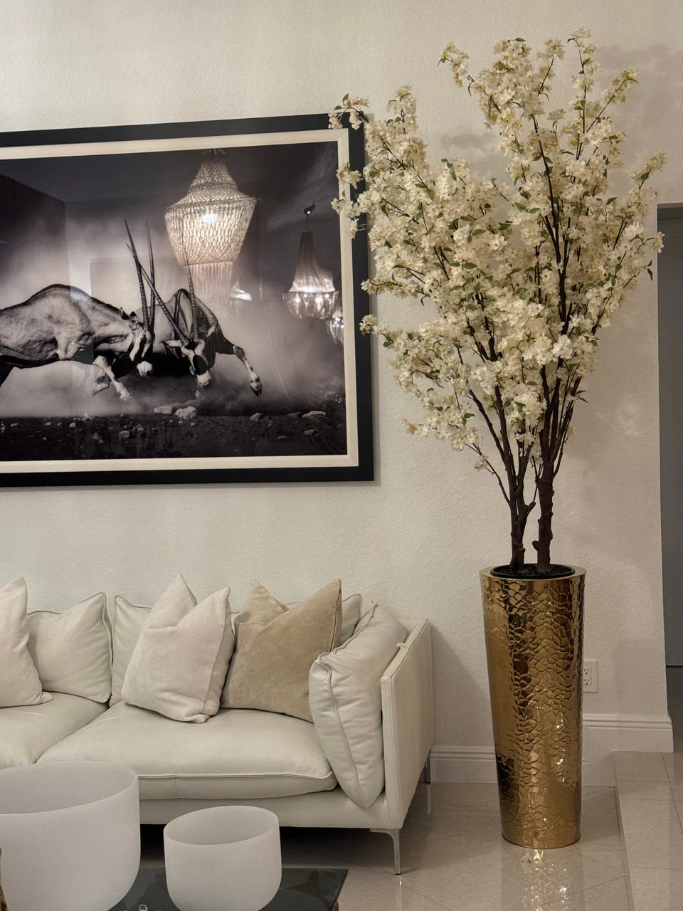 Cherry Blossom Tree in Large Gold Hammered Planter