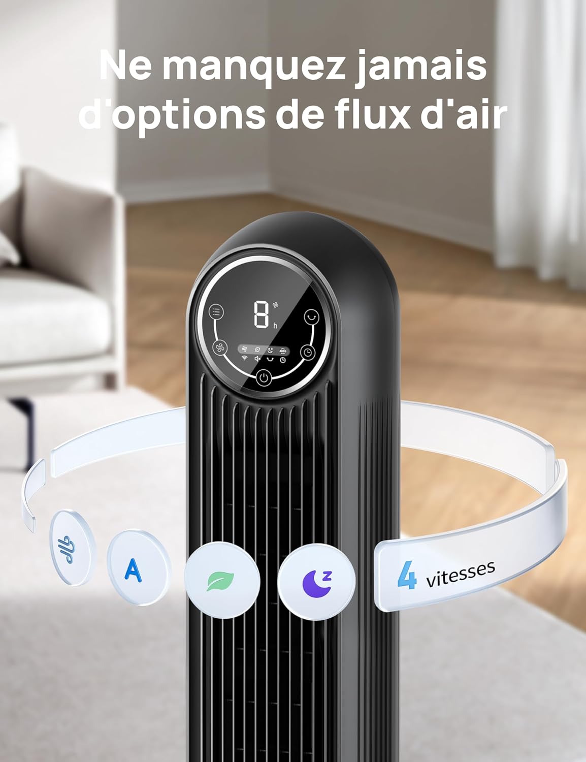 DREO Ventilateur tour intelligent avec fonction WiFi, ventilateur silencieux avec contrôle vocal et télécommande, oscillation à 90°