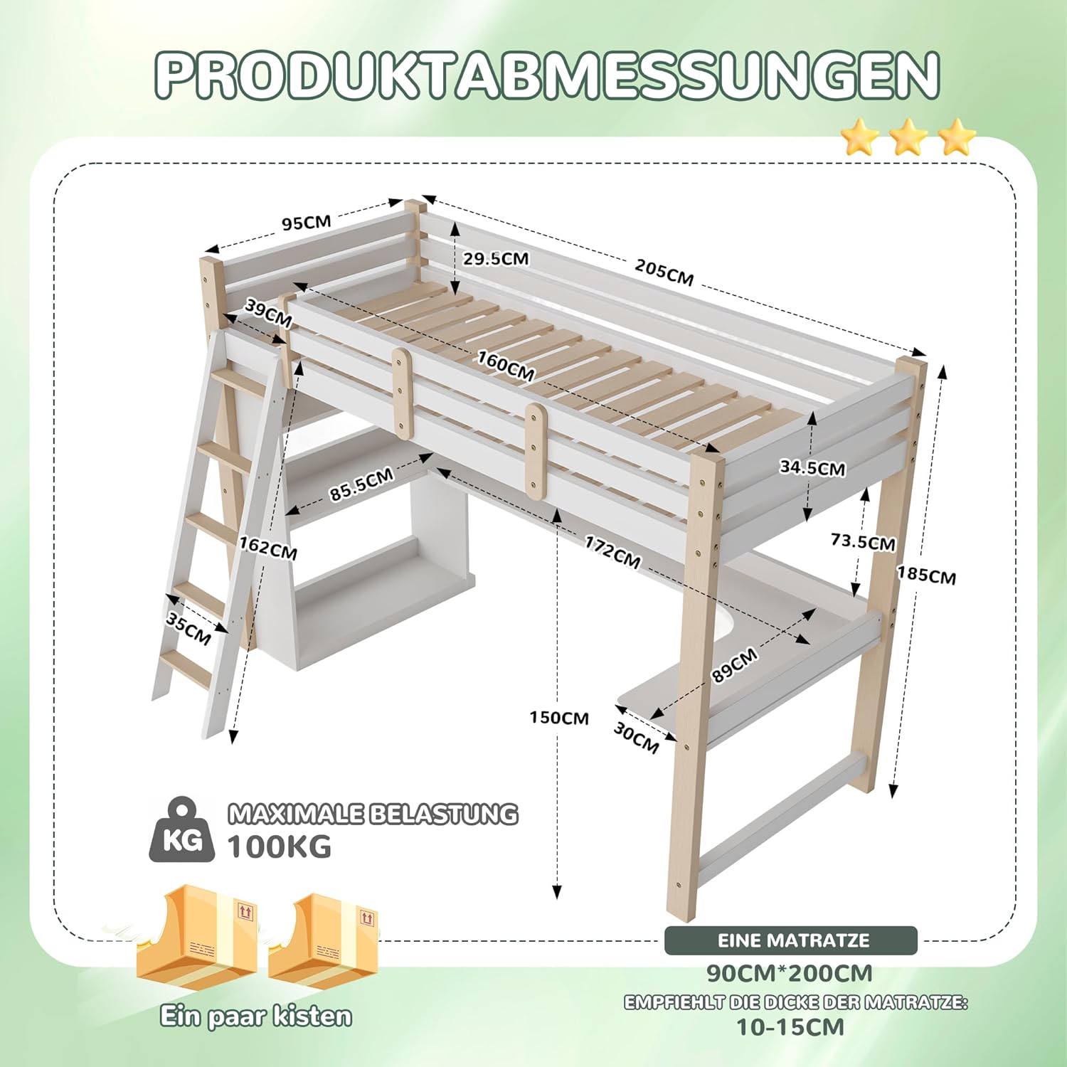 BXEYXE Łóżko piętrowe dla dzieci 90 x 200 cm z listwami ochronnymi i stelażem, łóżko dziecięce z ukośnymi ślizgaczami, wbudowane biurko i regały, łóżko piętrowe z litego drewna, białe, wielofunkcyjne