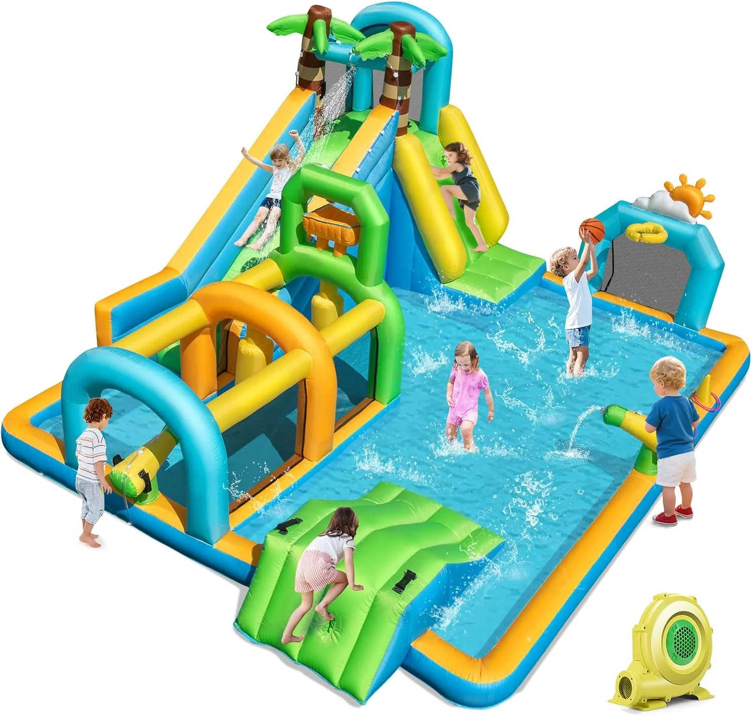 BOUNTECH Inflatable Water Slide Park 9-in-1 Water Slide with Basketball Rim