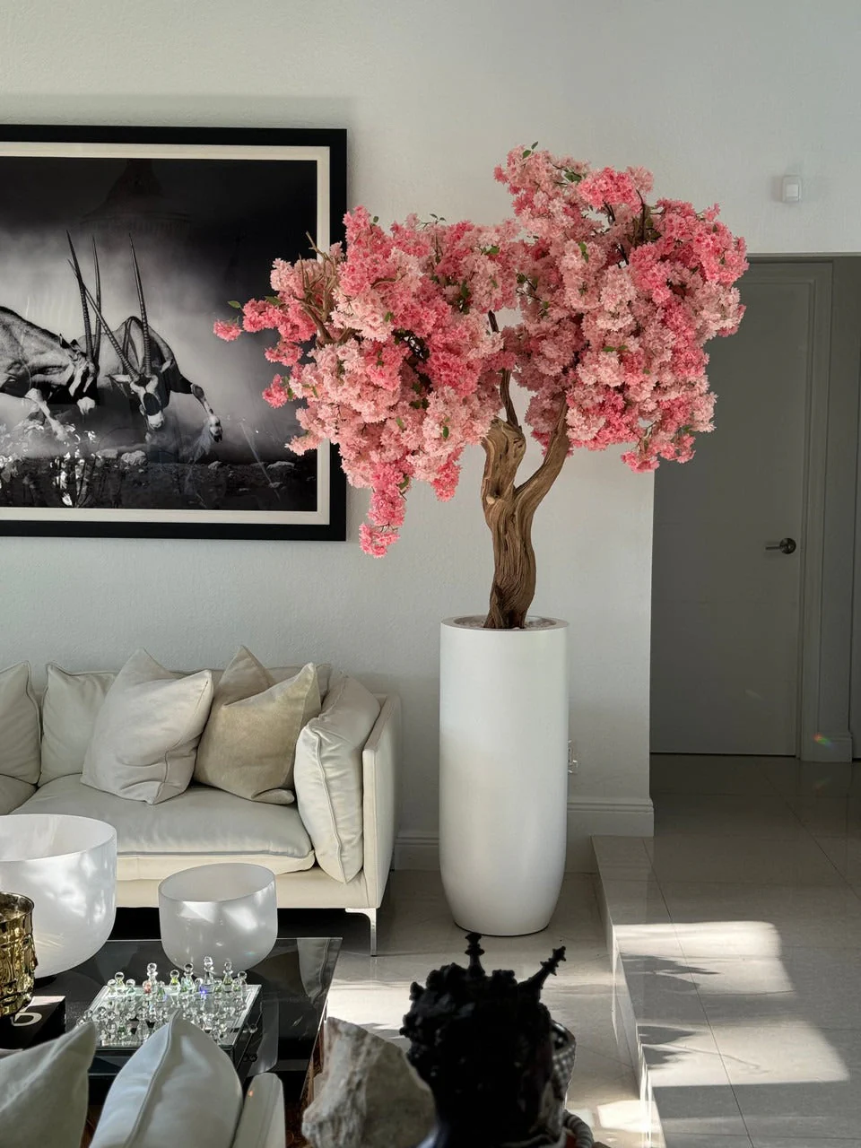 Matte White St. Tropez Planter with Custom Made Pink Cherry Blossom Tree