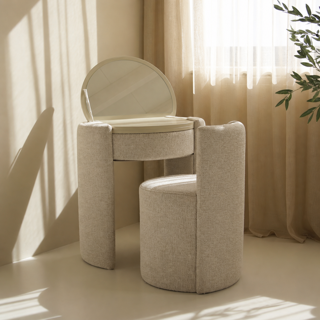 Tocador compacto tapizado con silla y espejo abatible