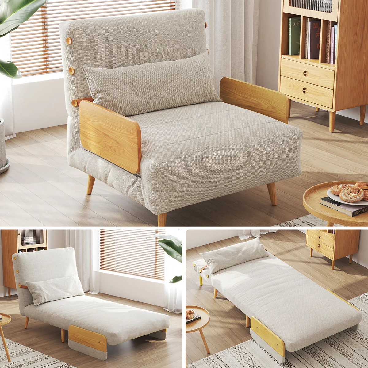 NÓVORA CASA mediados siglo Moderno Verde Sofá cama transformable para pequeño espacios| individual cama sofá con madera brazos